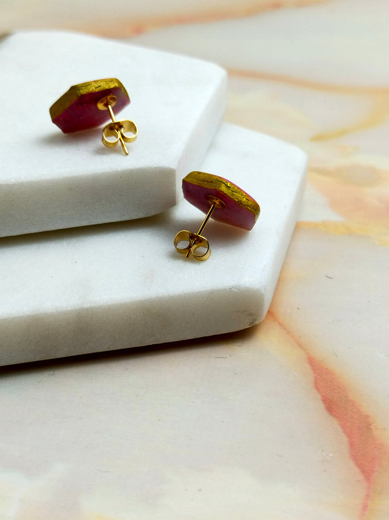 "Ellie" Pink Marbled Small Hex Studs