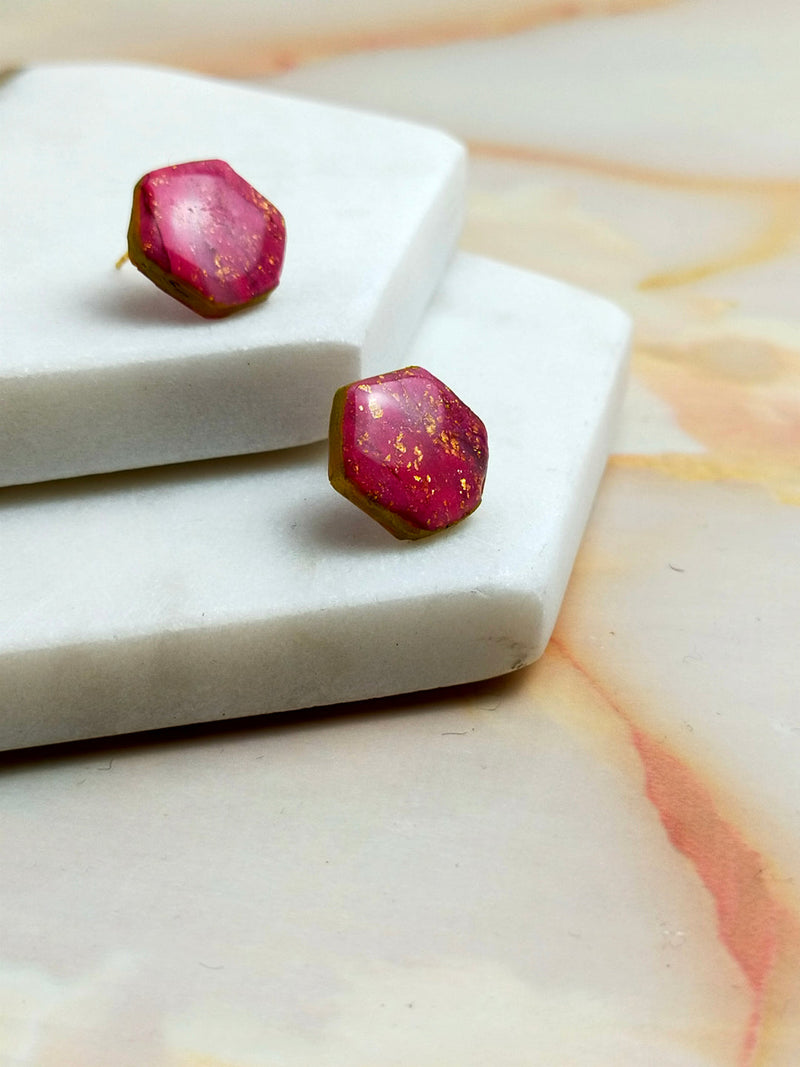 "Ellie" Pink Marbled Small Hex Studs