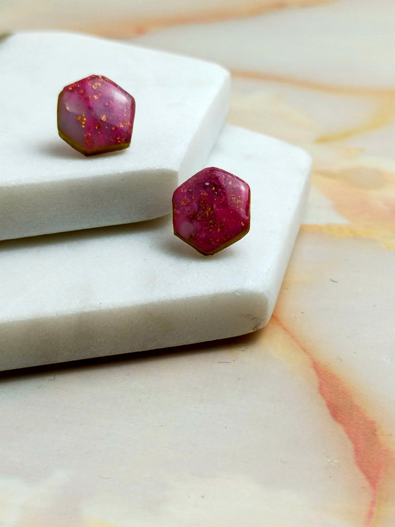 "Ellie" Pink Marbled Small Hex Studs
