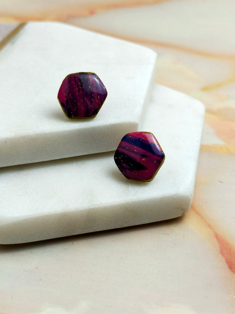 "Ellie" Pink Marbled Small Hex Studs