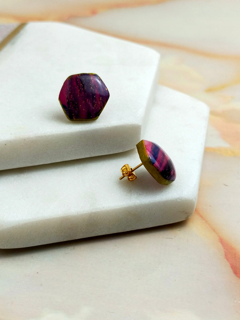 "Ellie" Pink Marbled Small Hex Studs