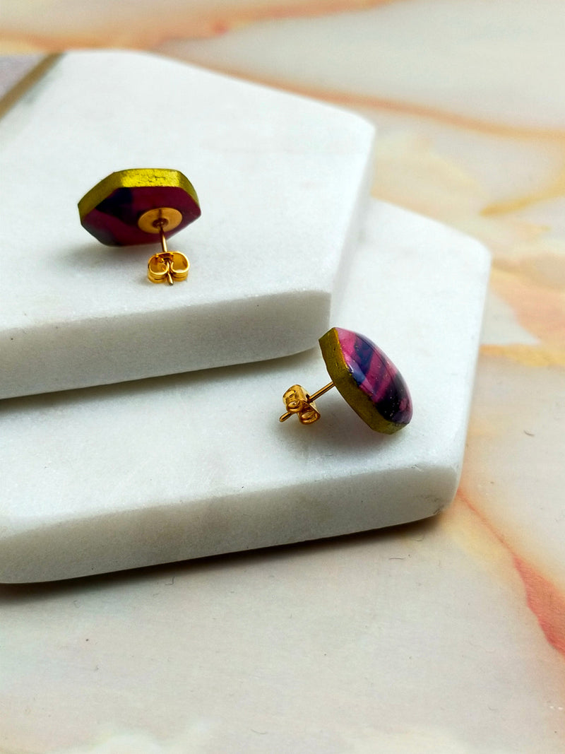"Ellie" Pink Marbled Small Hex Studs