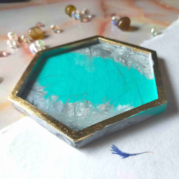 Jewellery Trinket Tray Jesmonite Jade Marble & Gold Leaf Hexagon