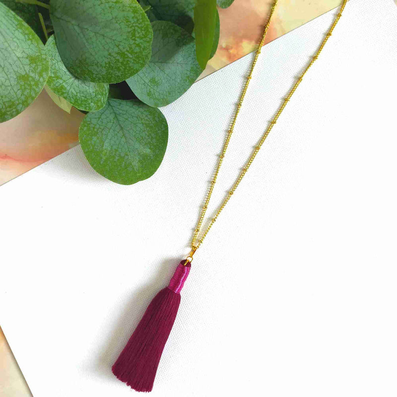 "Noa" Wine Tassel Necklace with Pink Metal wrap