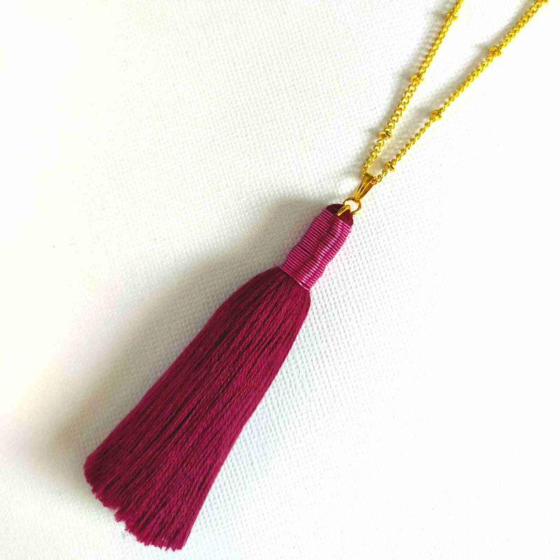 "Noa" Wine Tassel Necklace with Pink Metal wrap