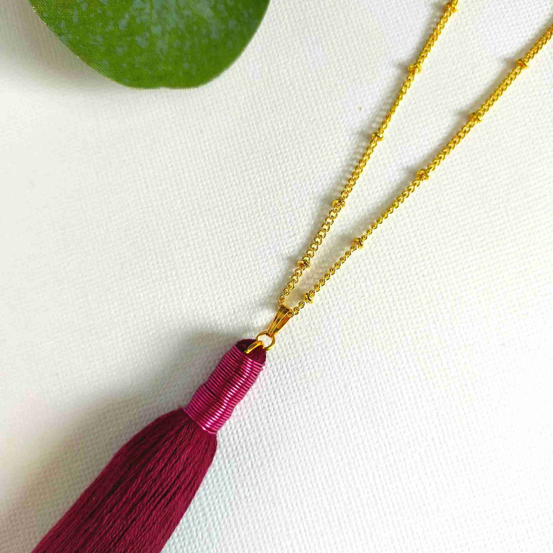 "Noa" Wine Tassel Necklace with Pink Metal wrap