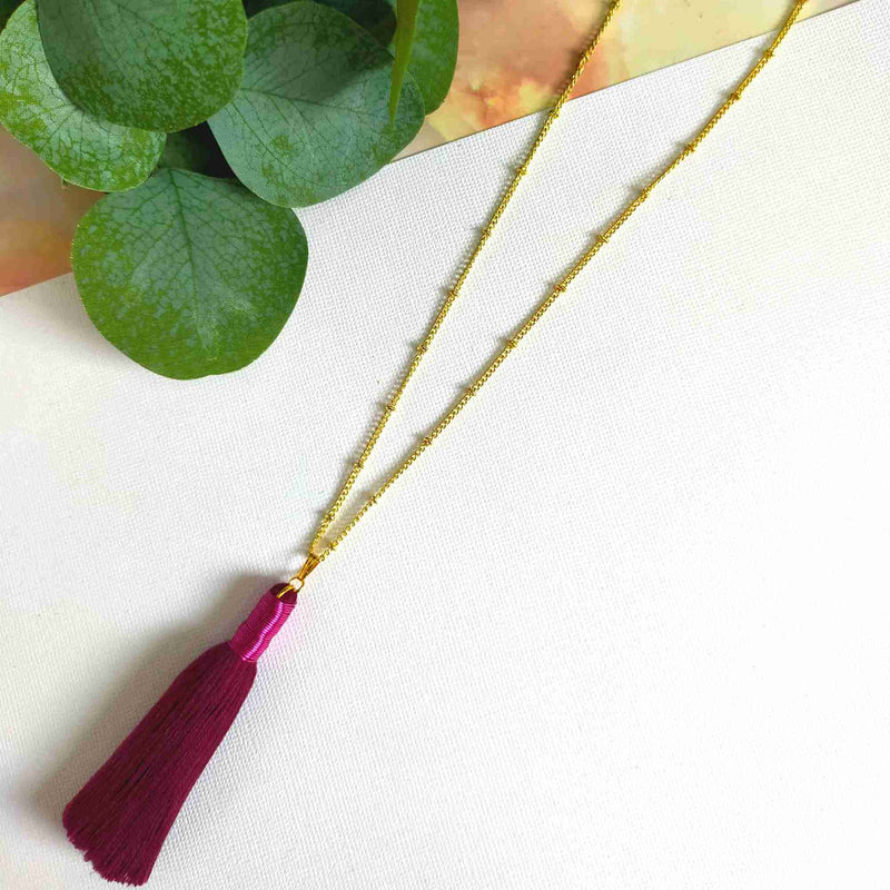 "Noa" Wine Tassel Necklace with Pink Metal wrap
