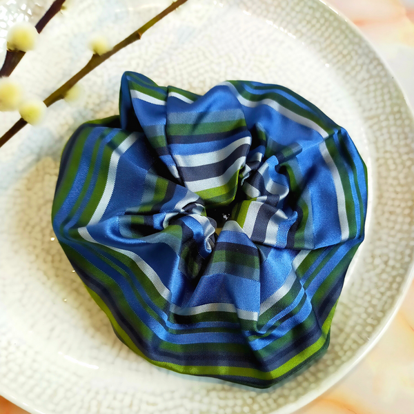 "Sage" Blue & Green Stripe Print Satin Hair Scrunchie