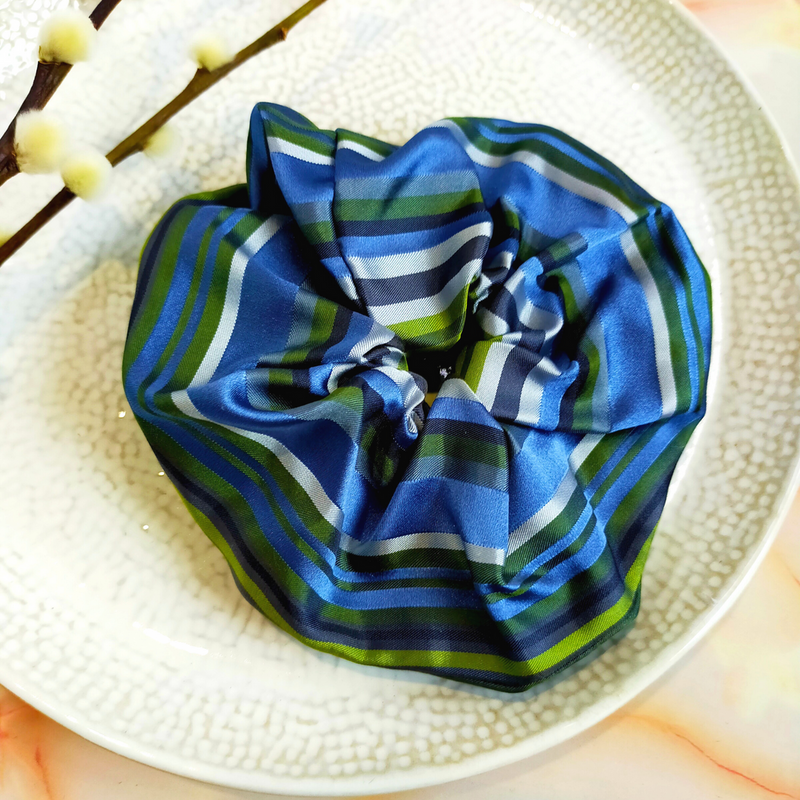 "Sage" Blue & Green Stripe Print Satin Hair Scrunchie