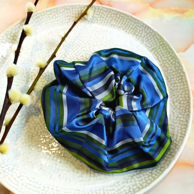"Sage" Blue & Green Stripe Print Satin Hair Scrunchie