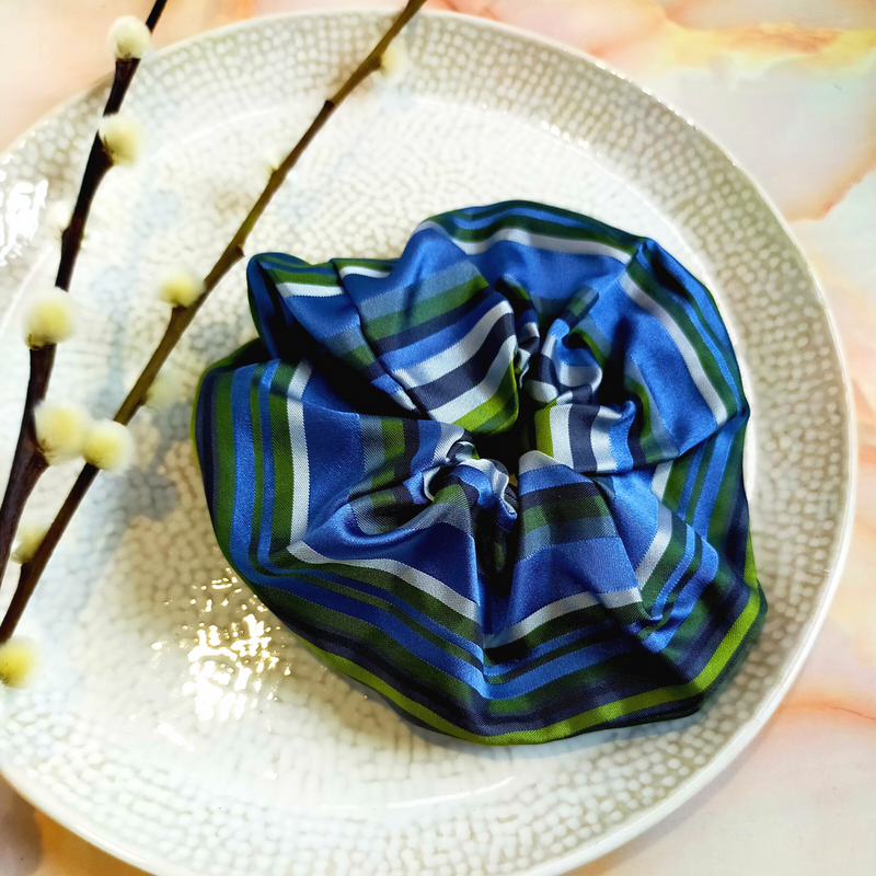"Sage" Blue & Green Stripe Print Satin Hair Scrunchie