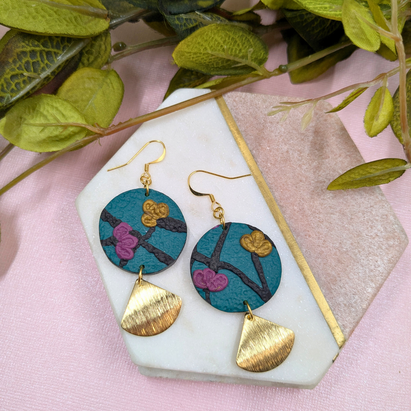 Scarlett Green Flora Polymer Clay Earrings - Brass Charm Handmade UK