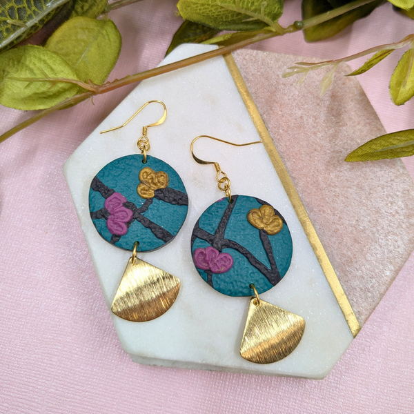 Scarlett Green Flora Polymer Clay Earrings - Brass Charm Handmade UK
