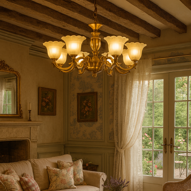 traditional gold chandelier with frosted tulip glass shades, castlecore and vintage glam interiors