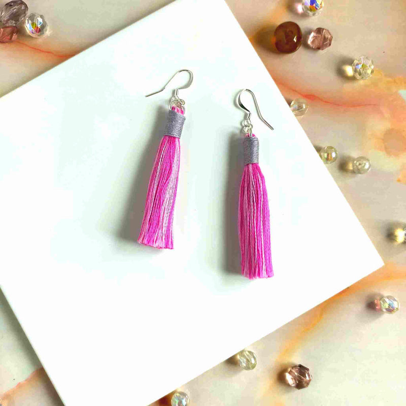 "Aurora" Pink Mix & Mid Grey Cotton Macramé Tassel Earrings