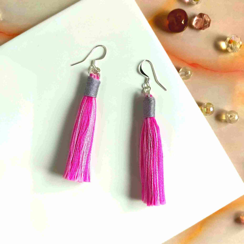 "Aurora" Pink Mix & Mid Grey Cotton Macramé Tassel Earrings