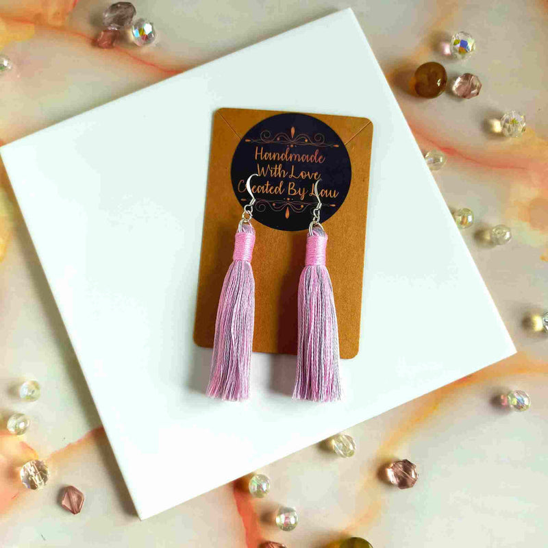 "Aurora" Pink & Grey Cotton Macramé Tassel Earrings