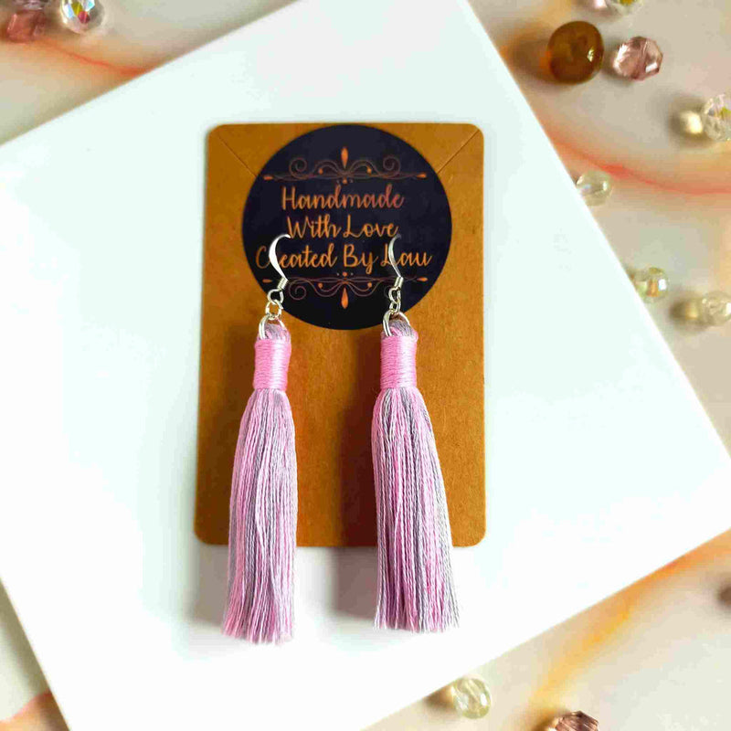 "Aurora" Pink & Grey Cotton Macramé Tassel Earrings
