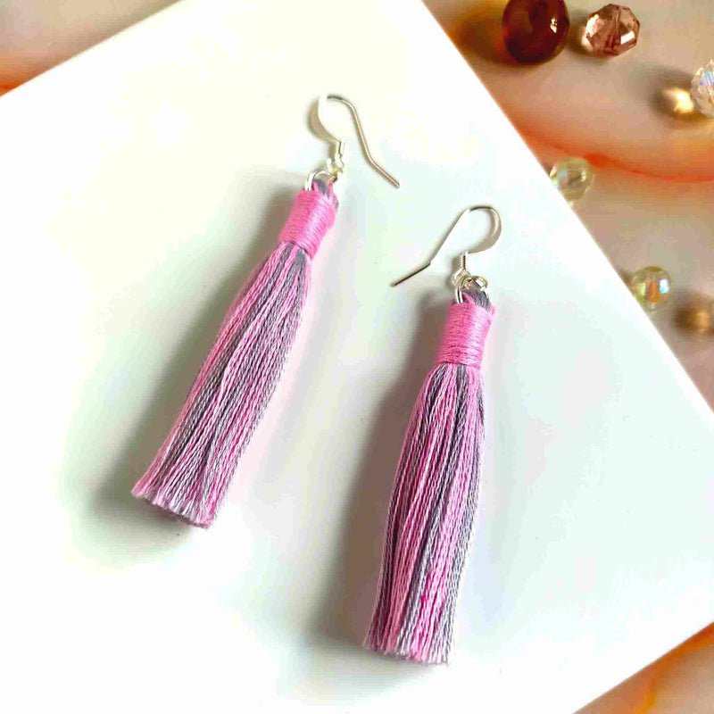 "Aurora" Pink & Grey Cotton Macramé Tassel Earrings