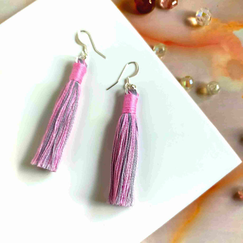 "Aurora" Pink & Grey Cotton Macramé Tassel Earrings
