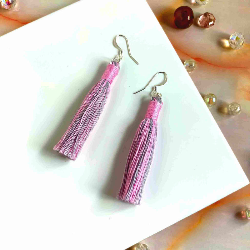 "Aurora" Pink & Grey Cotton Macramé Tassel Earrings