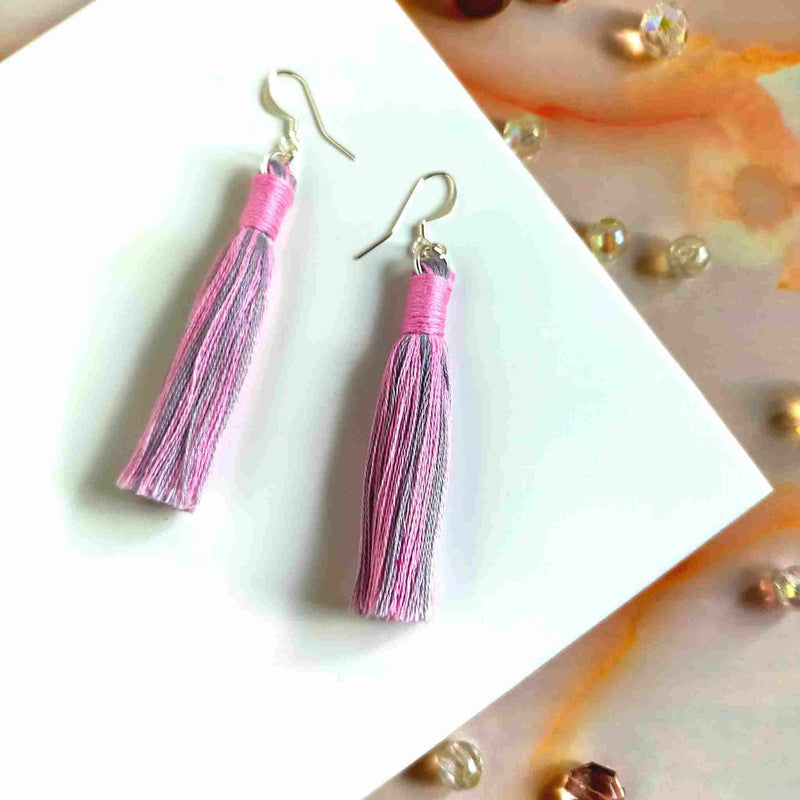 "Aurora" Pink & Grey Cotton Macramé Tassel Earrings