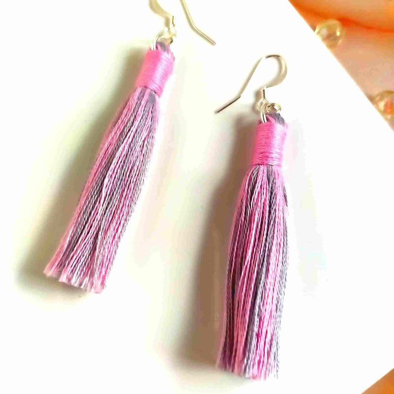 "Aurora" Pink & Grey Cotton Macramé Tassel Earrings