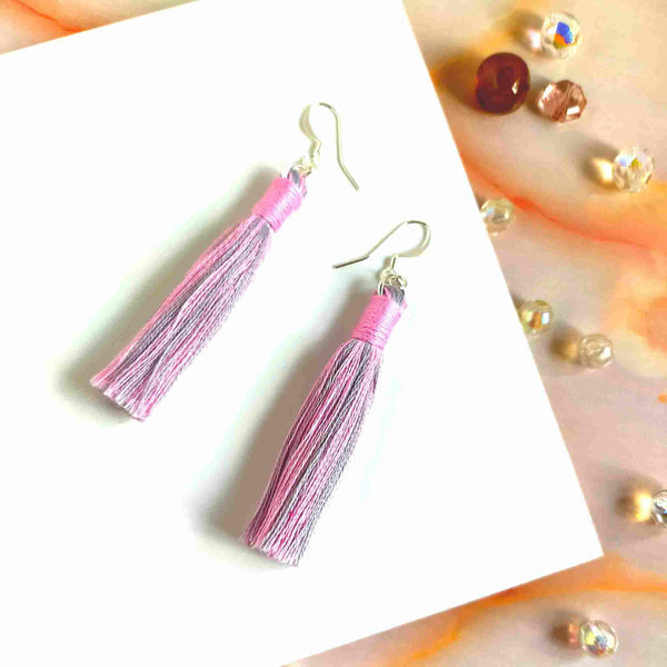 "Aurora" Pink & Grey Cotton Macramé Tassel Earrings