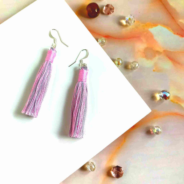 "Aurora" Pink & Grey Cotton Macramé Tassel Earrings