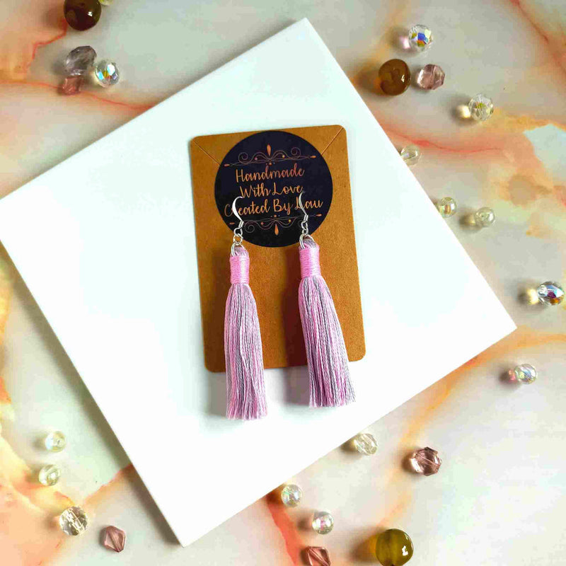 "Aurora" Pink & Grey Cotton Macramé Tassel Earrings