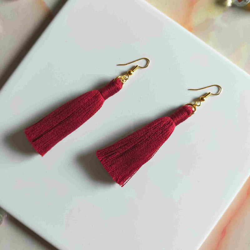 "Lia" Burgundy Gold Plated Cotton Macramé Tassel Earrings