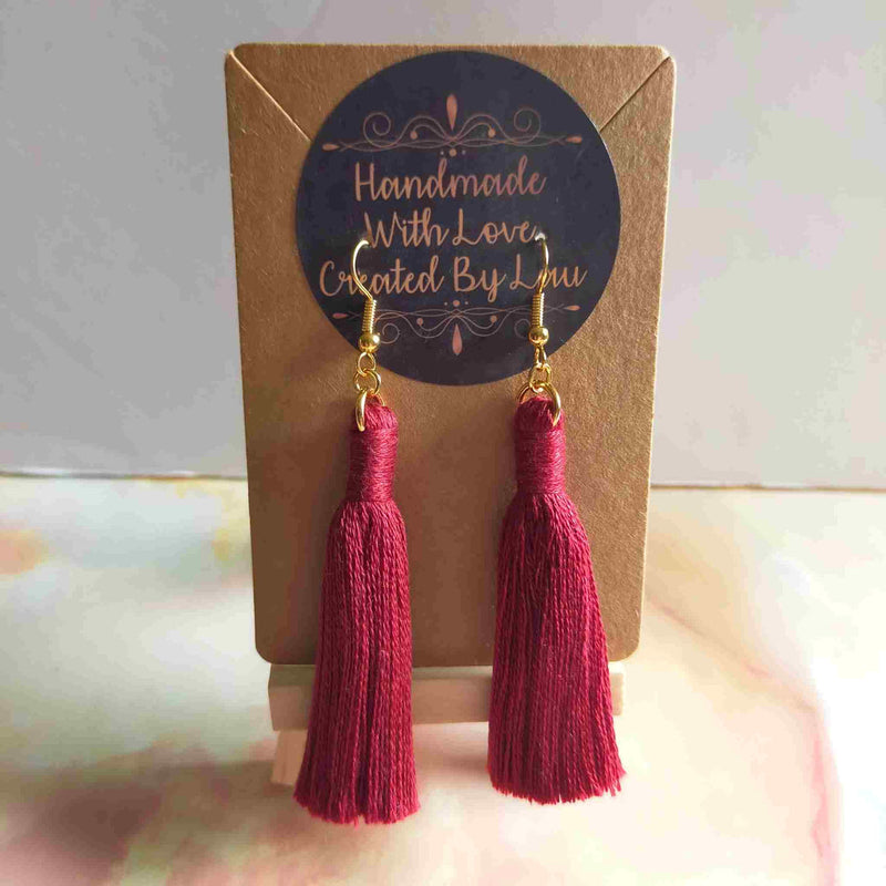 "Lia" Burgundy Gold Plated Cotton Macramé Tassel Earrings