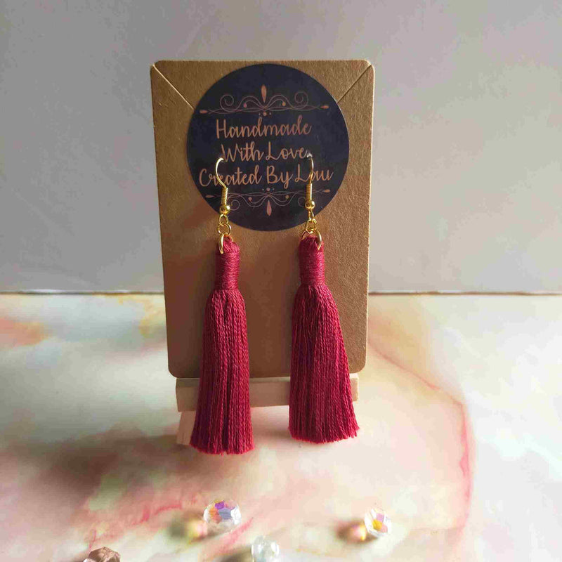 "Lia" Burgundy Gold Plated Cotton Macramé Tassel Earrings