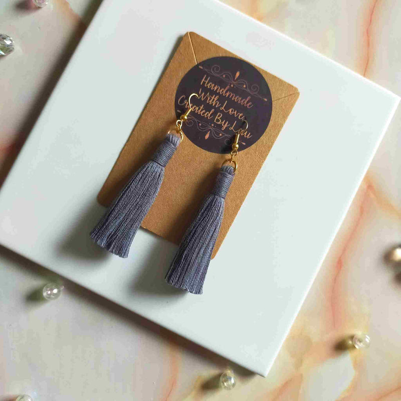 "Lia" Grey Gold Plated Cotton Macramé Tassel Earrings