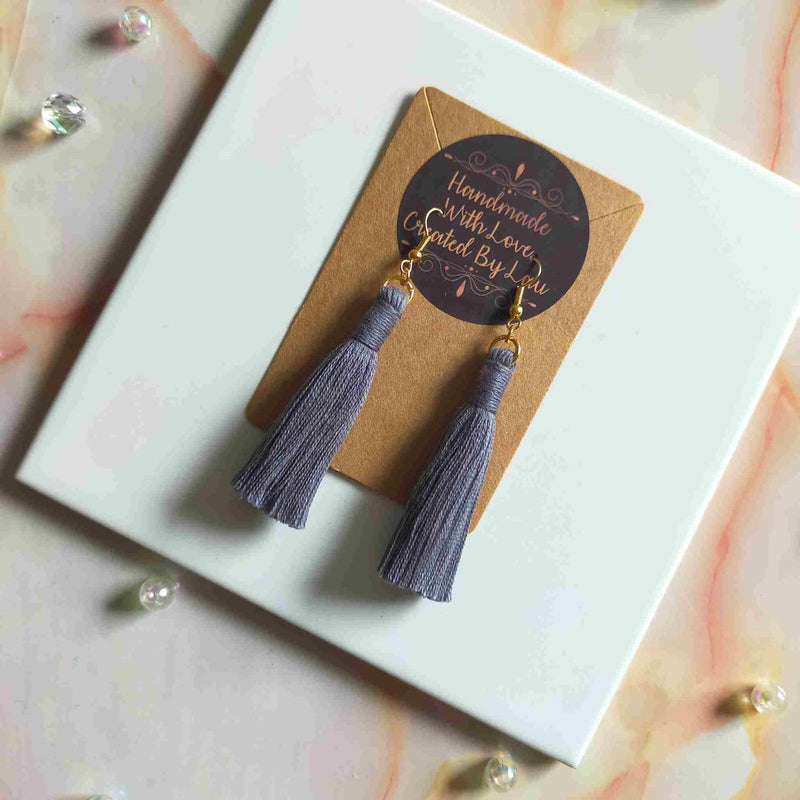 "Lia" Grey Gold Plated Cotton Macramé Tassel Earrings