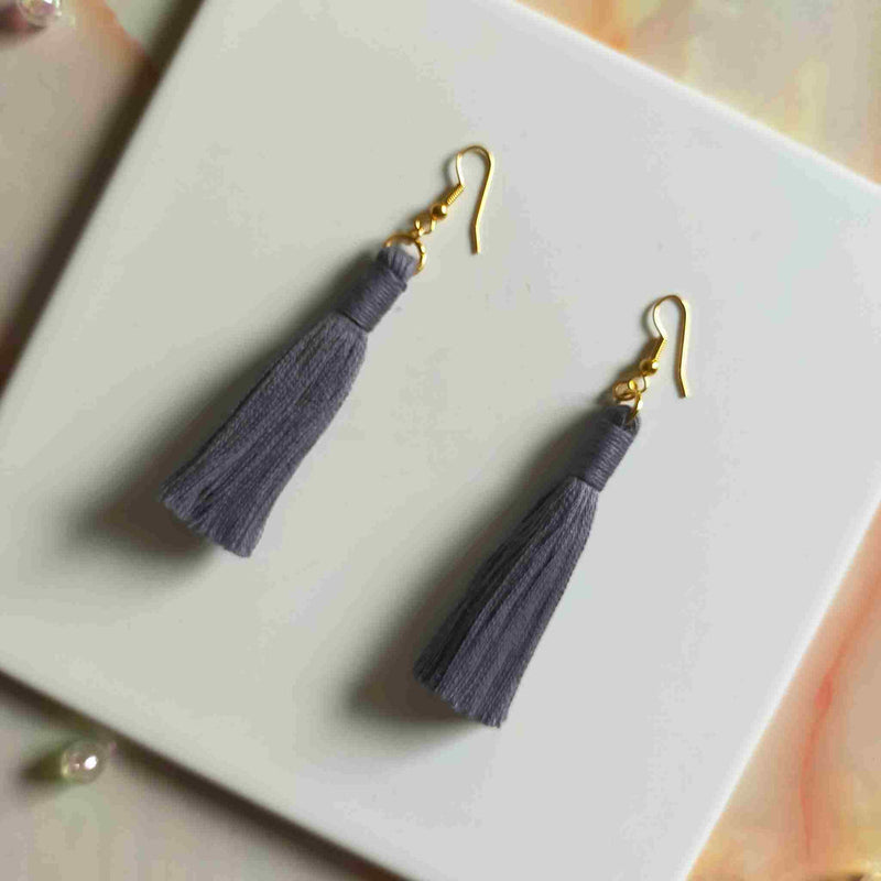 "Lia" Grey Gold Plated Cotton Macramé Tassel Earrings