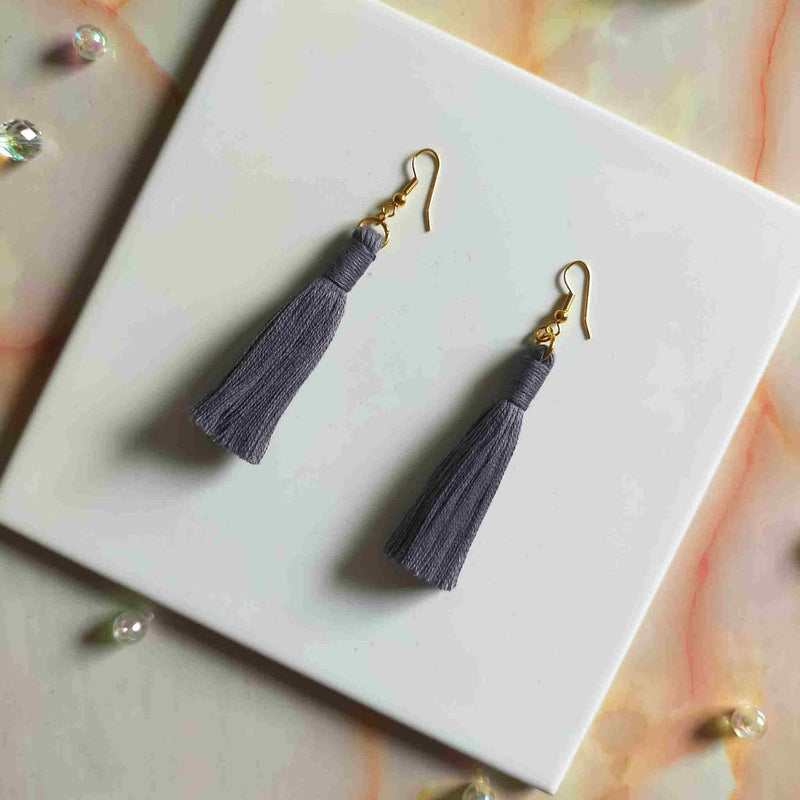 "Lia" Grey Gold Plated Cotton Macramé Tassel Earrings