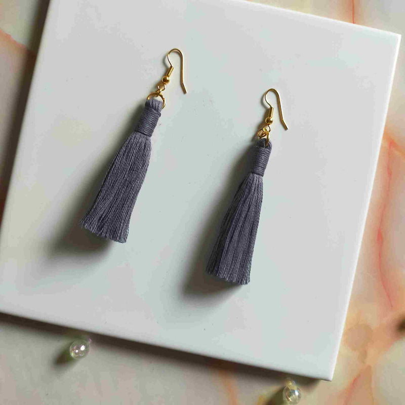 "Lia" Grey Gold Plated Cotton Macramé Tassel Earrings