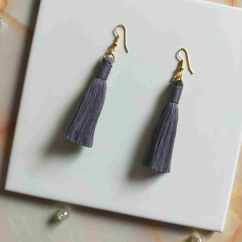 "Lia" Grey Gold Plated Cotton Macramé Tassel Earrings