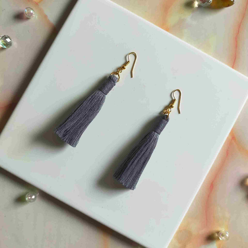 "Lia" Grey Gold Plated Cotton Macramé Tassel Earrings