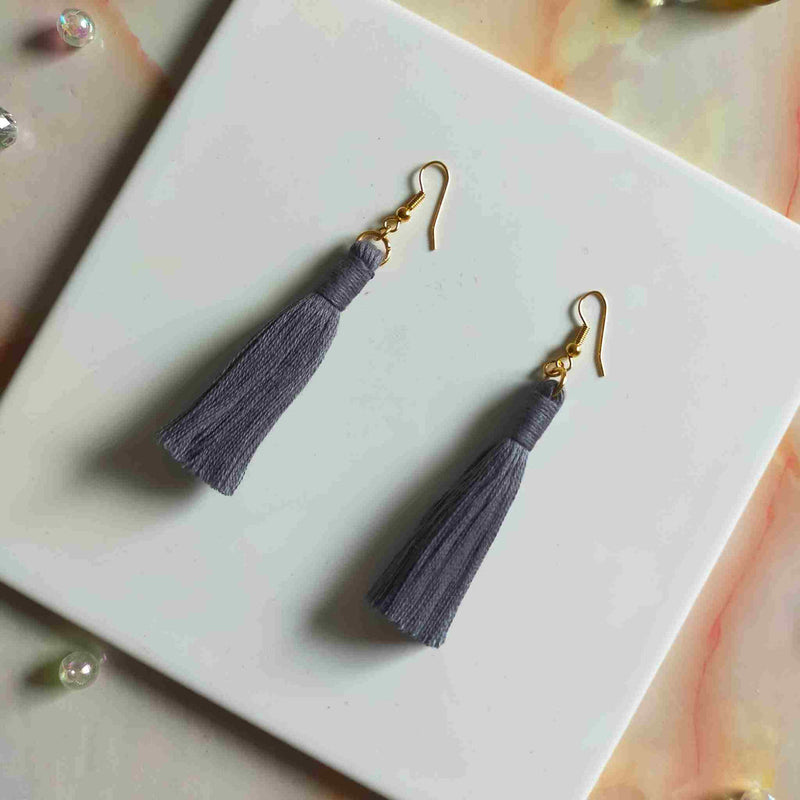 "Lia" Grey Gold Plated Cotton Macramé Tassel Earrings