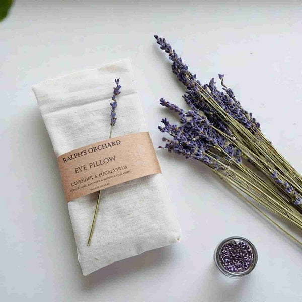 Eye pillow with lavender and eucalyptus from Ralph's Orchard on a white surface.