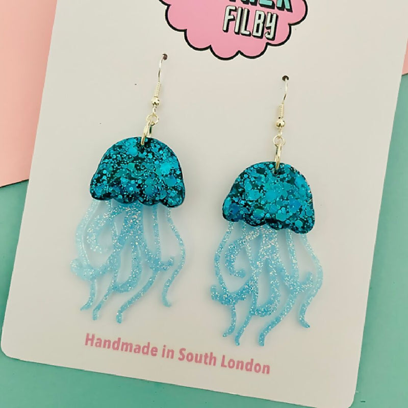 Blue Jellyfish Glitter Earrings