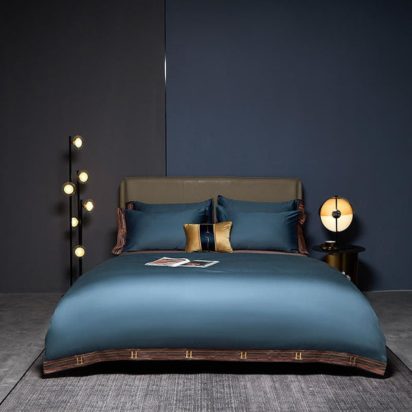 Blue Satin Duvet Cover Set – 100% Egyptian Cotton, Ultra-Soft & Breathable (4-Piece Set) + FREE Gift! - LINKORI
