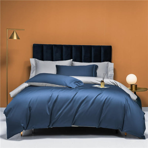 Neslla Blue Grey Reversible Duvet Cover Set – 100% Egyptian Cotton, Ultra-Soft & Breathable (4-Piece Set) + FREE Gift! - LINKORI