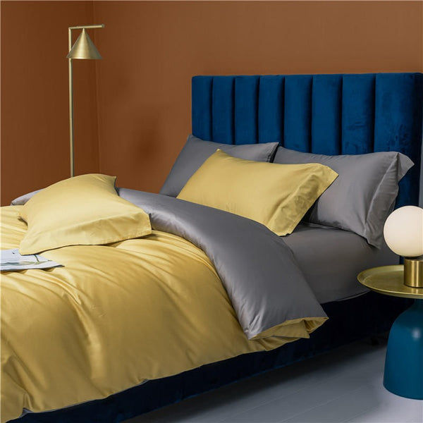 Neslla Yellow Grey Reversible Duvet Cover Set – 100% Egyptian Cotton, Ultra-Soft & Breathable (4-Piece Set) + FREE Gift! - LINKORI