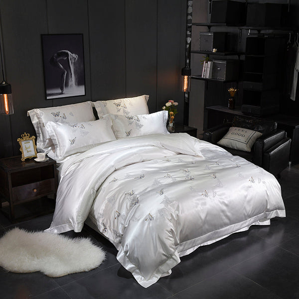 Silvely Butterfly Silky Cotton Duvet Cover Set – Luxurious Embroidered Cotton Satin (4-Piece Set) + FREE Gift! - LINKORI