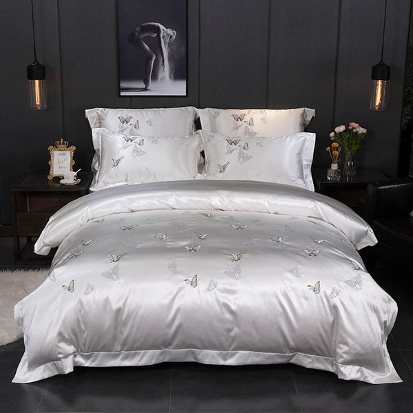 Silvely Butterfly Silky Cotton Duvet Cover Set – Luxurious Embroidered Cotton Satin (4-Piece Set) + FREE Gift! - LINKORI