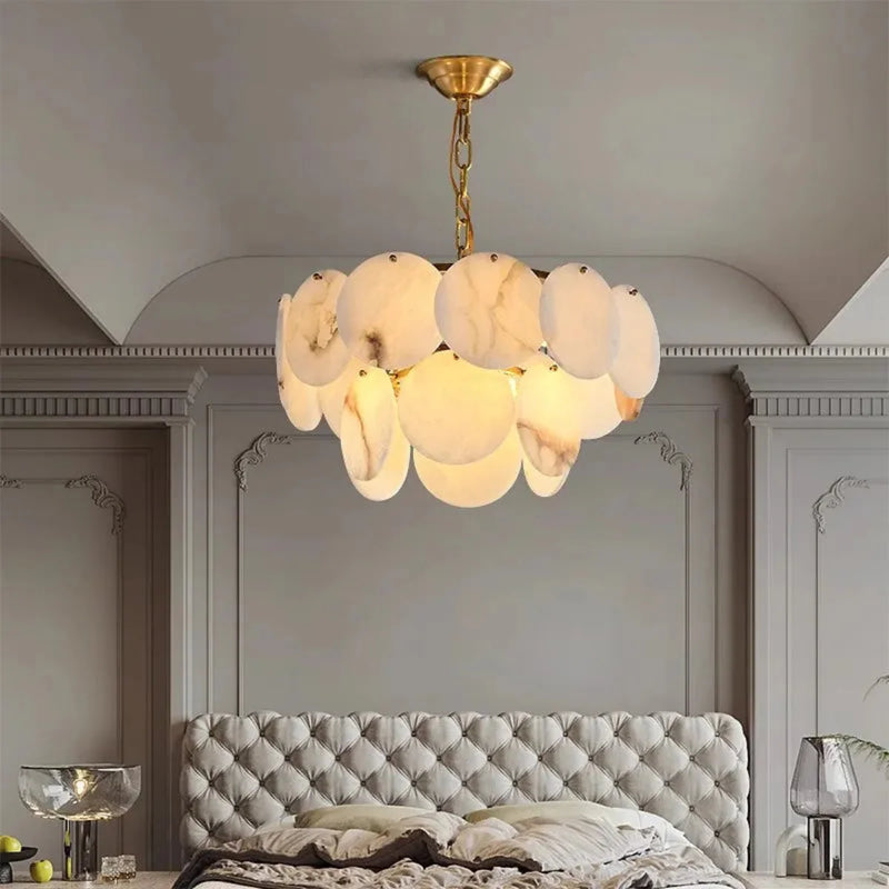 Natural Alabaster Chandelier - Modern 3-Tier Cascading Disc Gold Pendant Light for Dining Room & Foyer | LINKORI RODDLE