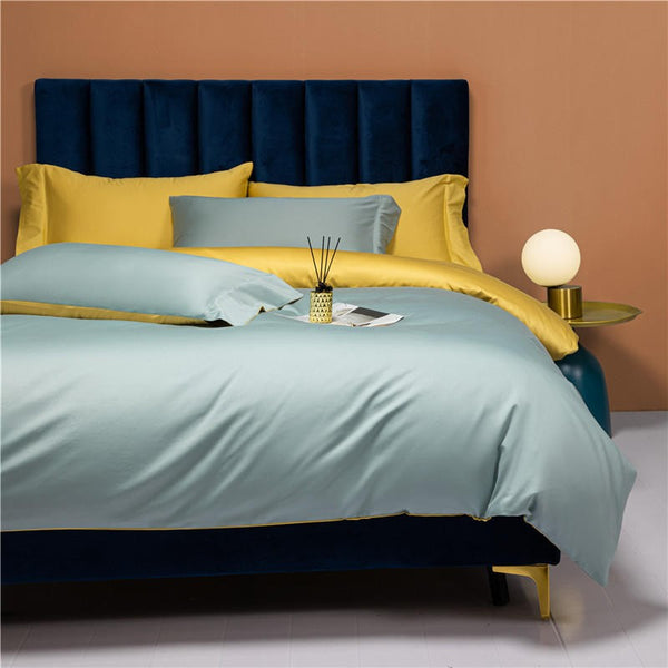 Neslla Sky-Blue Yellow Reversible Duvet Cover Set – 100% Egyptian Cotton, Ultra-Soft & Breathable (4-Piece Set) + FREE Gift! - LINKORI